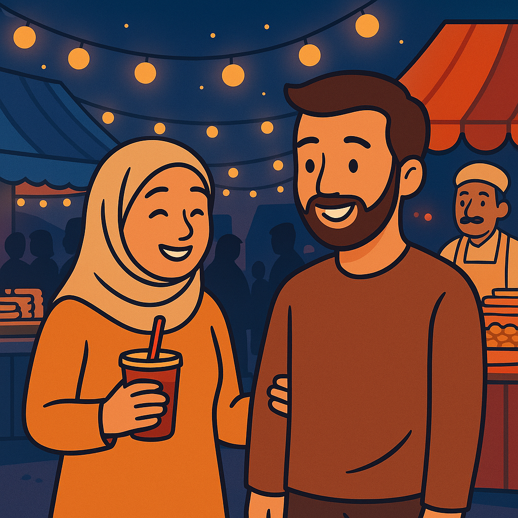 Visuel en style vectoriel d’un couple musulman souriant au marché de nuit, avec guirlandes lumineuses et stands colorés