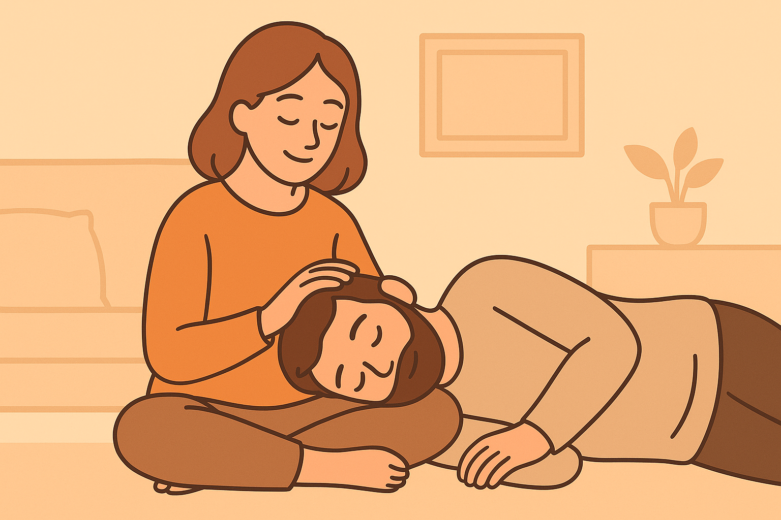 Visuel minimaliste montrant un couple assis dans un salon, l’homme allongé la tête sur les cuisses de sa femme qui le caresse