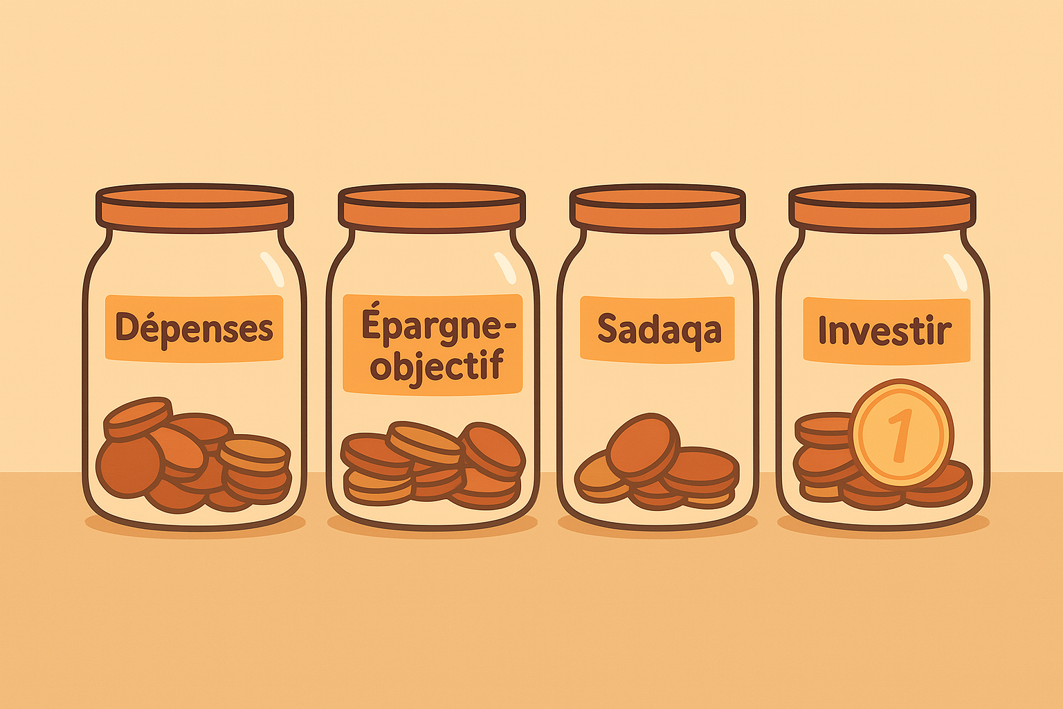 Illustration vectorielle de quatre bocaux transparents alignés, étiquetés « Dépenses », « Épargne-objectif », « Sadaqa » et « Investir », partiellement remplis de pièces cuivrées.